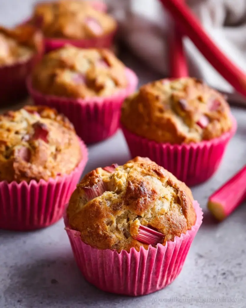 Saftige Vollkorn-Rhabarber-Muffins auf einem Holzbrett