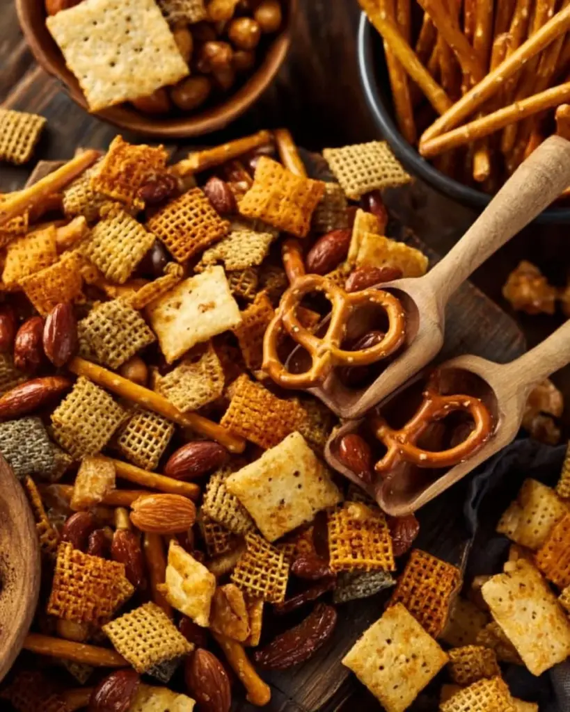 Würzige Chex Mix mit verschiedenen Snacks in einer Schüssel