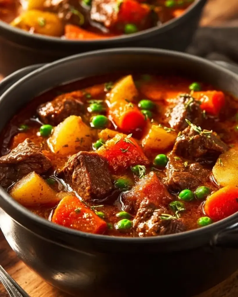 Zartes Rindfleischragout mit Gemüse in einer aromatischen Soße serviert