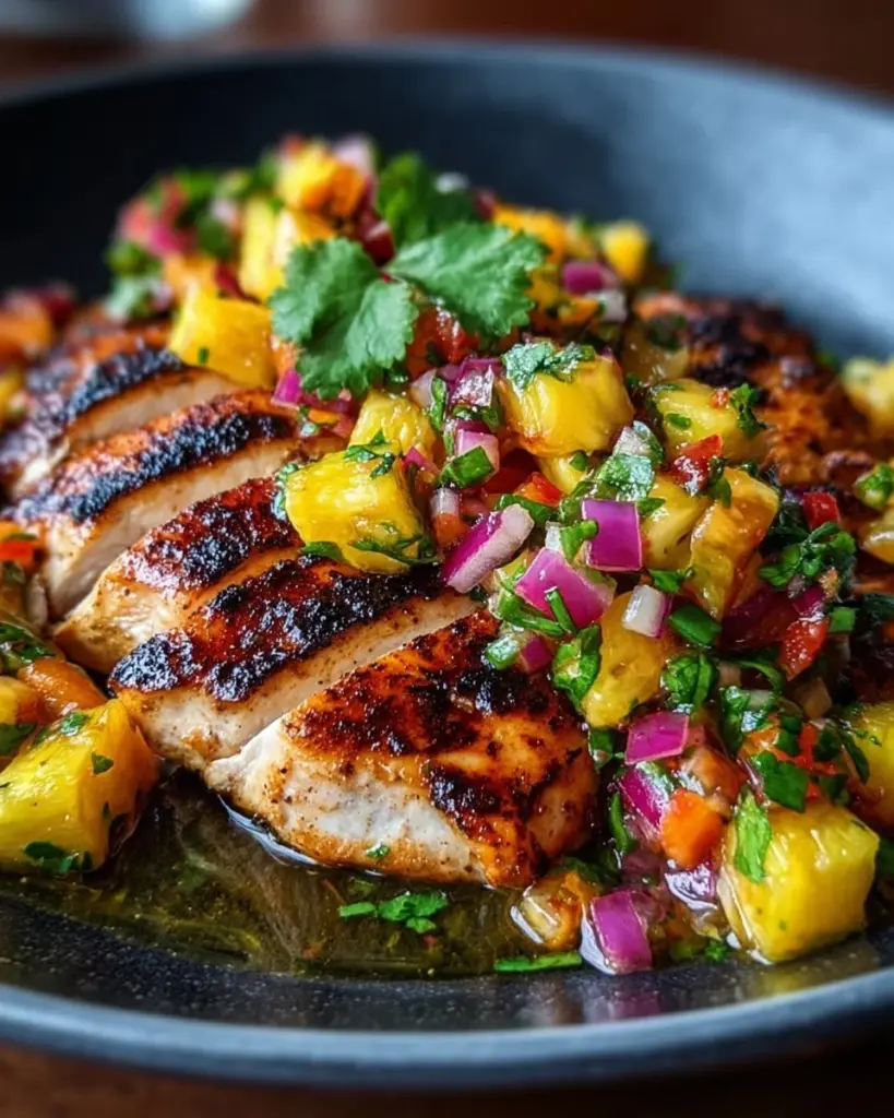Zitronen-Ingwer-Hühnchen mit Ananas-Mango-Salsa auf einem Teller