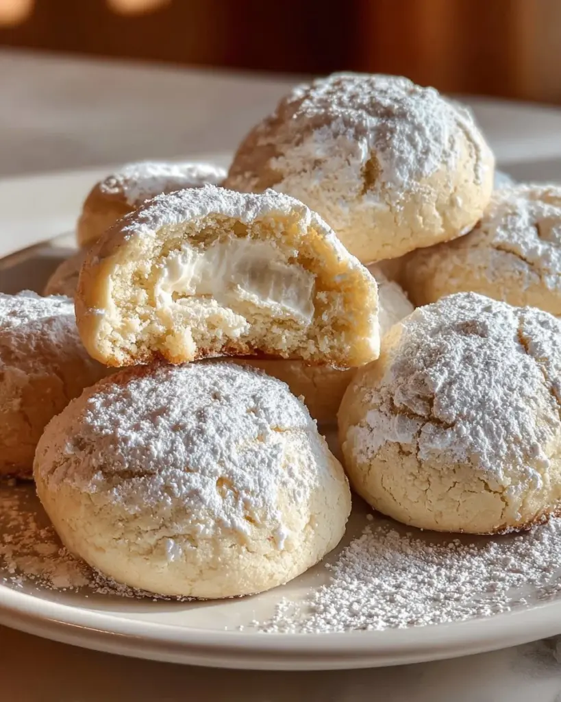 Zitronencreme-Schneeballkekse auf einem Teller, frisch gebacken und dekoriert