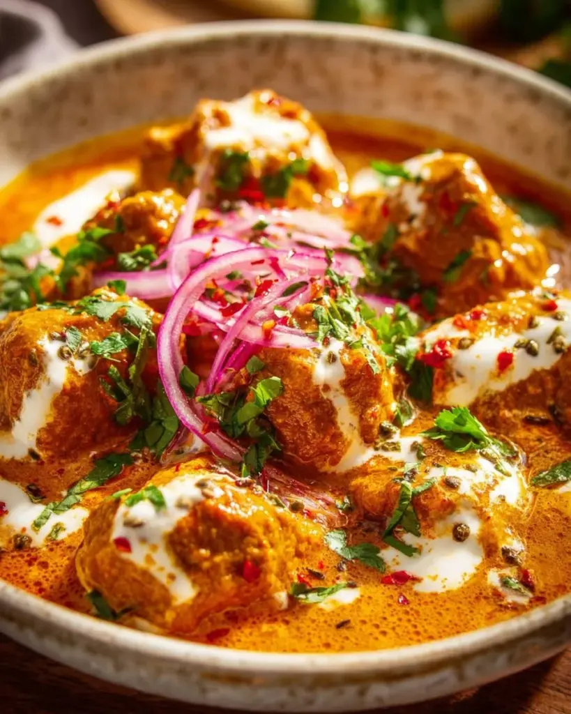 Cremiges Butter Chicken mit Gewürzen auf einem Teller serviert.