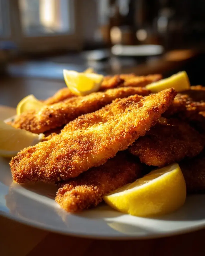 Ein perfekt zubereitetes Wiener Schnitzel auf einem Teller mit Zitrone und Petersilie.