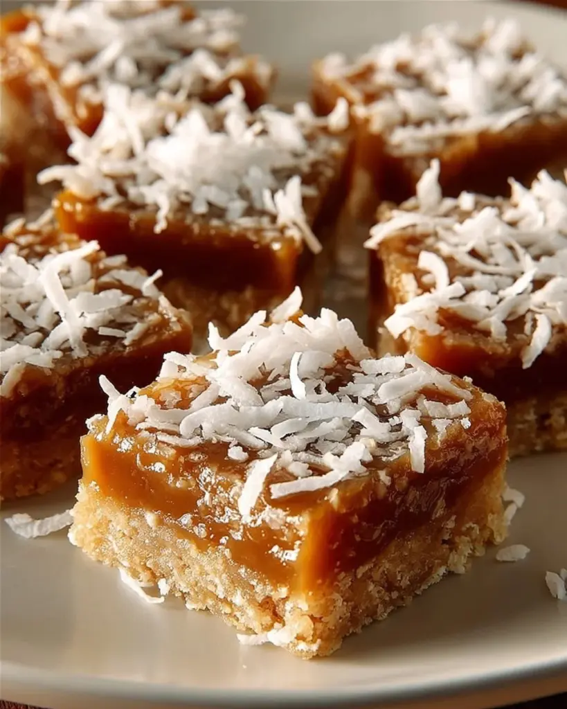 Dekadente Karamell-Kokos-Riegel mit cremigem Karamell und knusprigen Kokosstückchen