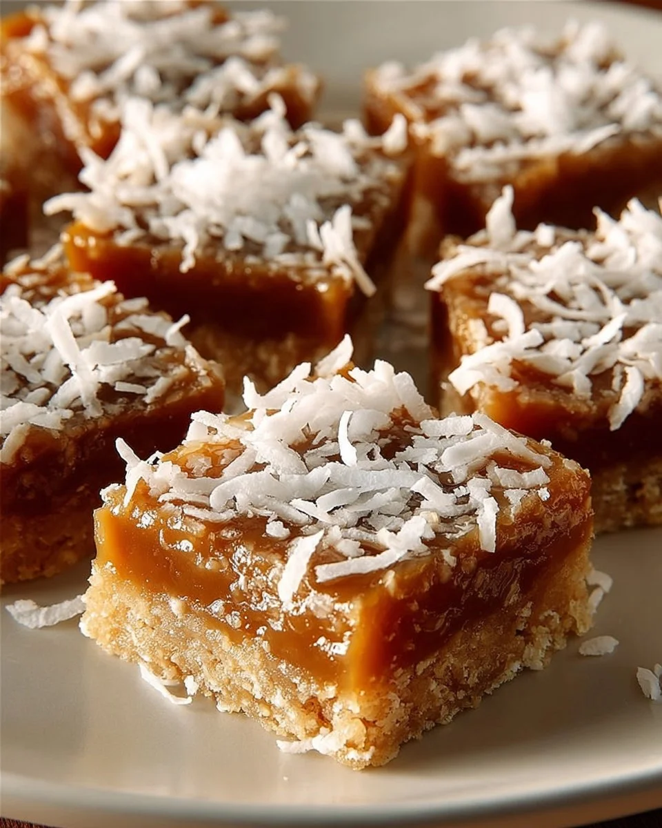 Dekadente Karamell-Kokos-Riegel mit cremigem Karamell und knusprigen Kokosstückchen