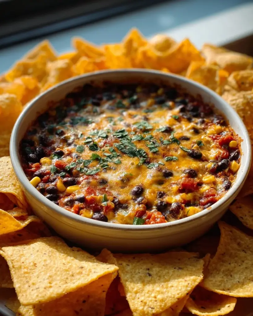 Schwarzbohnen-Mais-Dip in einer Schüssel, serviert mit Tortilla-Chips.