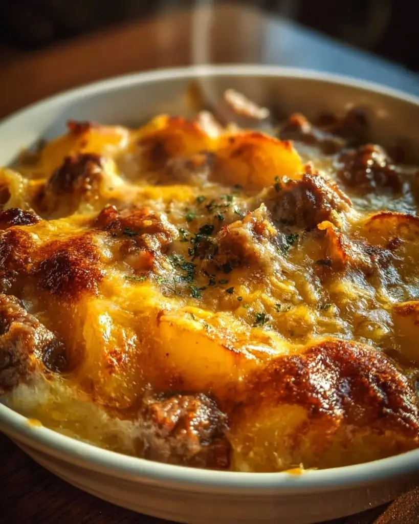 Einfacher Steak Kartoffelauflauf mit Cheddar, frisch aus dem Ofen.
