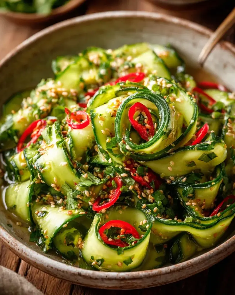 Erfrischender Gurkenband-Salat mit frischen Zutaten serviert