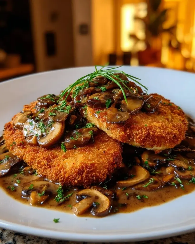 Hausgemachter Jägerschnitzel serviert mit Beilage und Sauce
