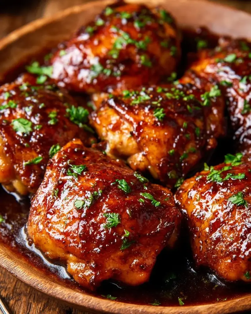 Saftige Crock Pot BBQ Hähnchenschenkel ohne Haut und Knochen im Slow Cooker zubereitet.