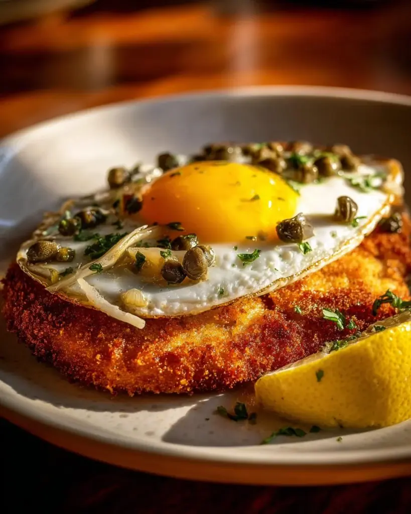 Köstliches Holsteiner Schnitzel auf einem Teller serviert mit Beilagen.
