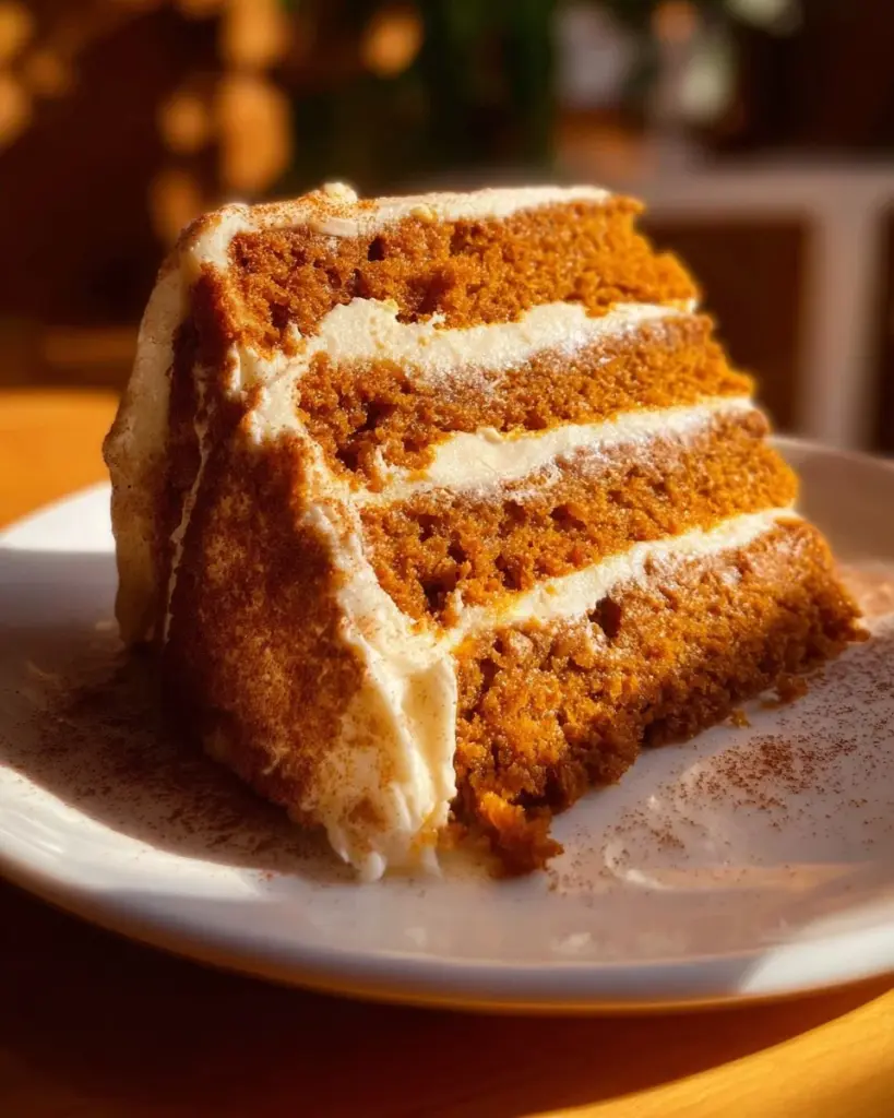 Irresistibler Kürbiskuchen mit Zimt-Frischkäse-Frosting auf einem Teller