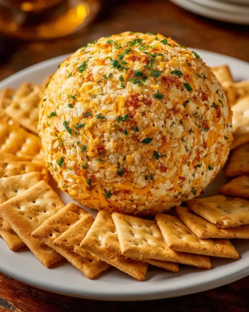 Käseball mit Cheddar und Meerrettich auf einem Servierteller