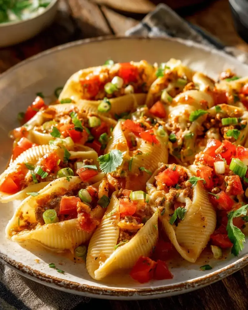 Käsegefüllte Taco-Pasta-Schalen lecker auf einem Teller serviert