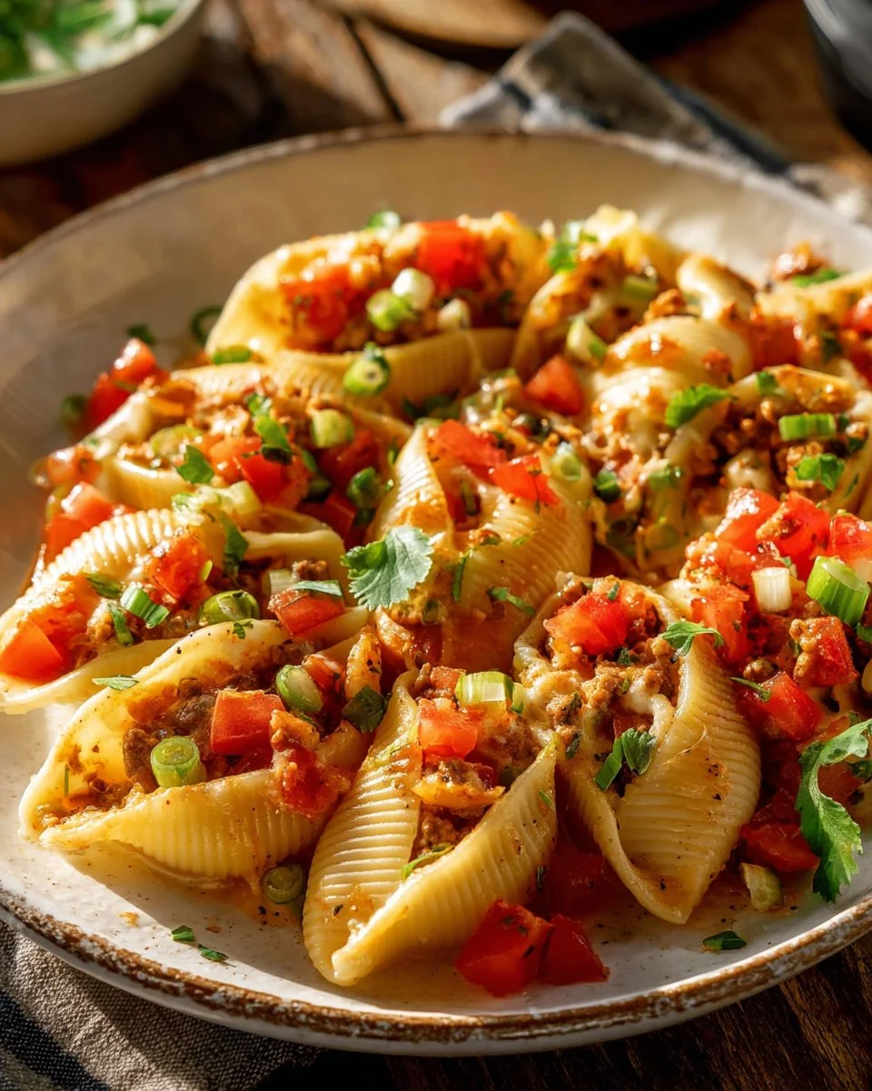 Käsegefüllte Taco-Pasta-Schalen lecker auf einem Teller serviert