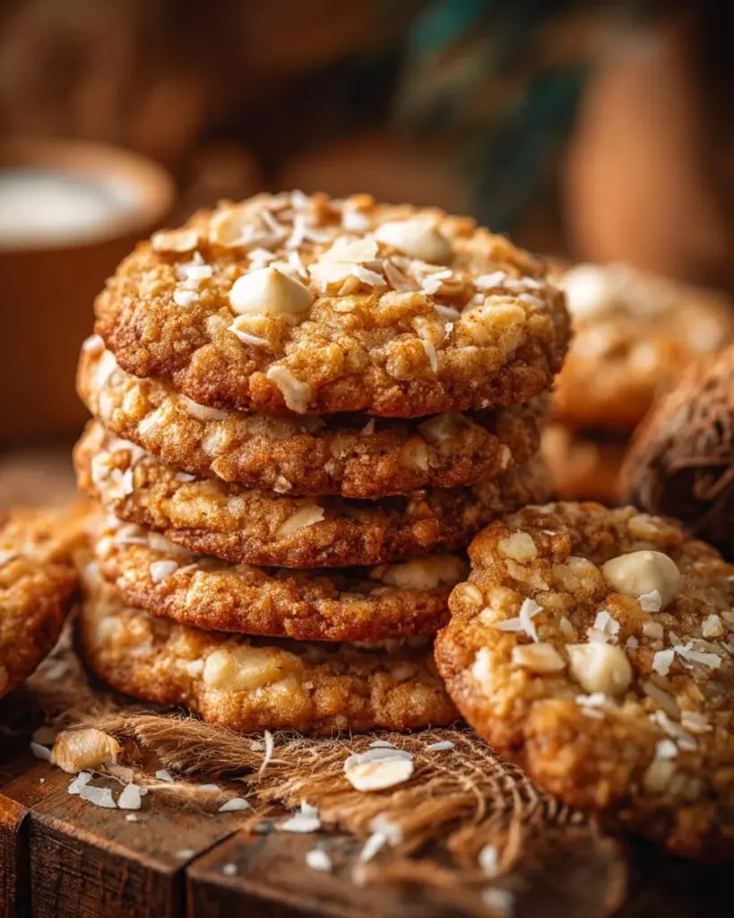 Leckere Kokosnuss-Hafer-Kekse auf einem Holzbrett, frisch gebacken