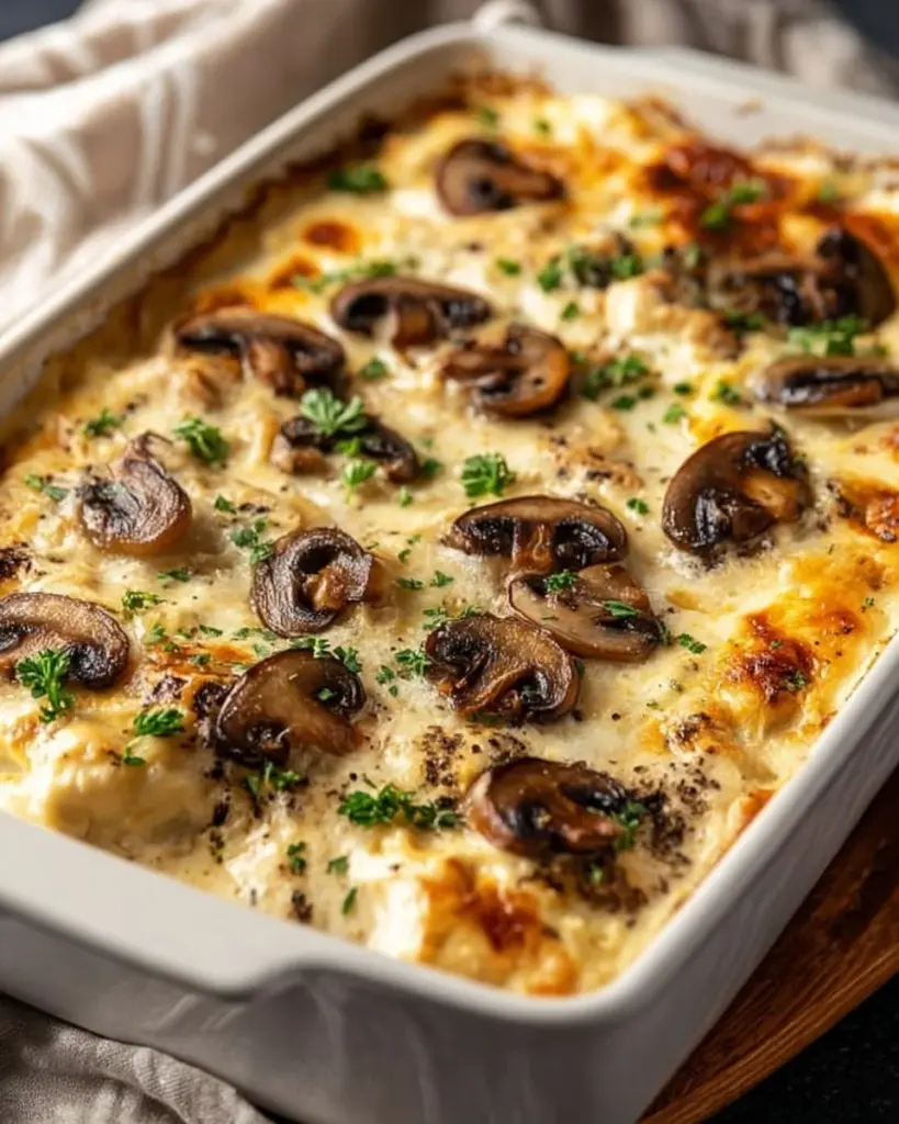 Keto Garlic Mushroom Chicken Casserole in einer Auflaufform serviert
