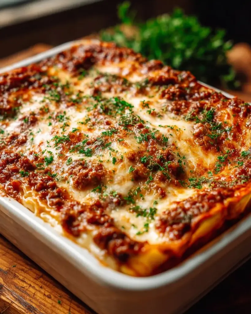 Klassische geschichtete Lasagne mit Käse und Tomatensoße