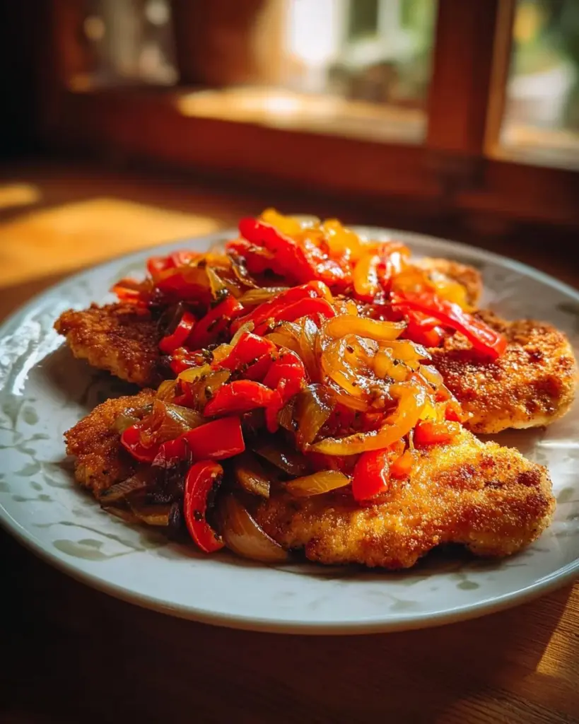 Knuspriger Zigeuner-Schnitzel mit buntem Gemüse auf einem Teller serviert