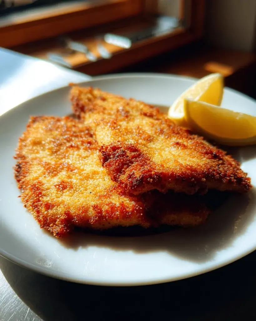 Krosse Wiener Art Schnitzel auf einem Teller, goldbraun und knusprig serviert