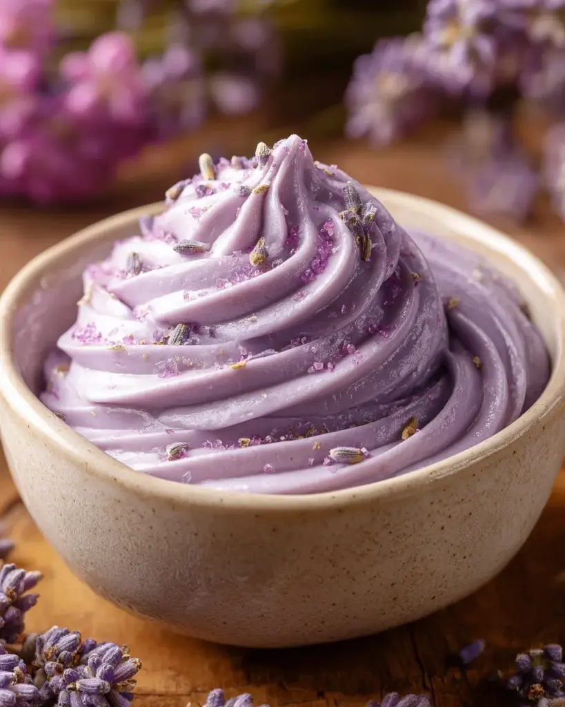 Lavendel-Frosting auf einem Zuckerkuchen dekoriert mit frischen Lavendelblüten