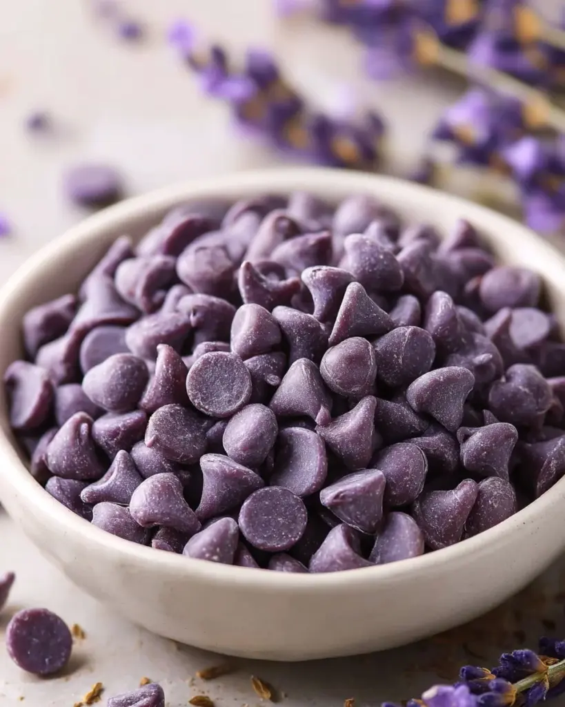 Schale mit Lavendel-Schokoladenstückchen, zart und blumig im Geschmack.