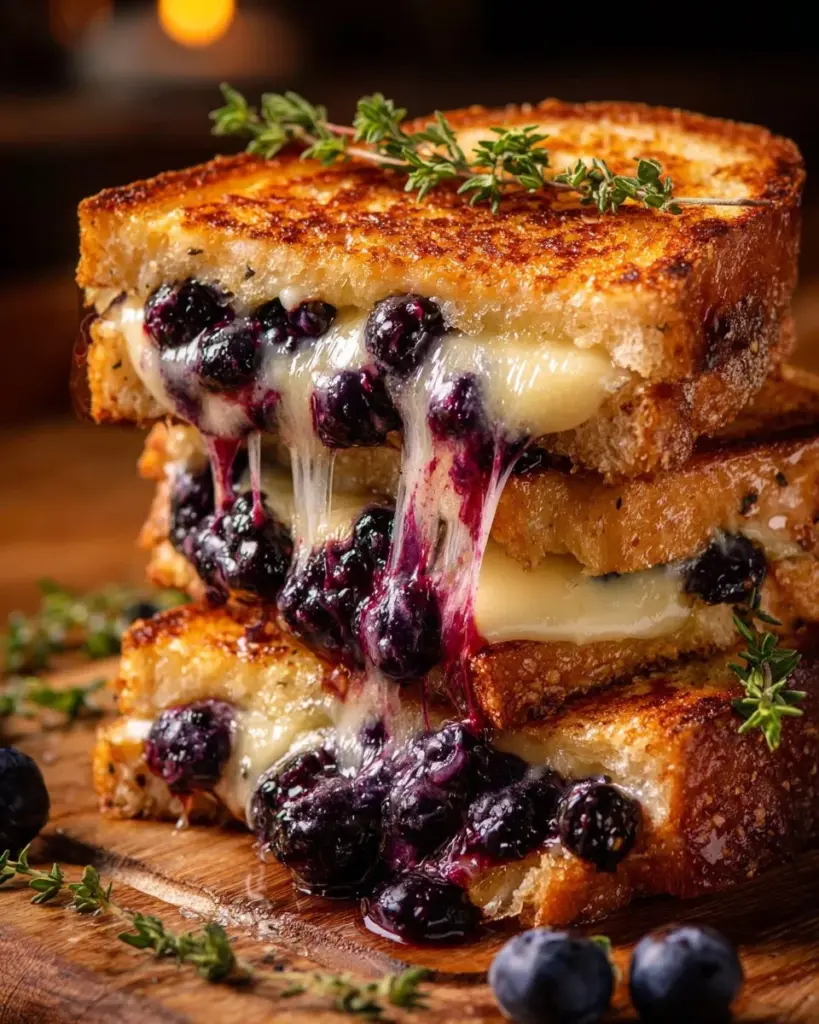 Saftiger Blaubeer-Gegrillter Käse auf einem Teller, mit frischen Blaubeeren garniert.