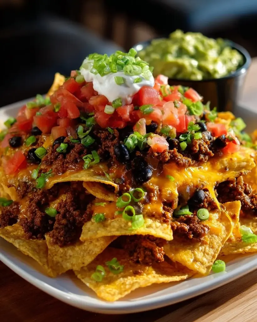 Leckere Super Bowl Nachos mit Käse, Jalapeños und Guacamole