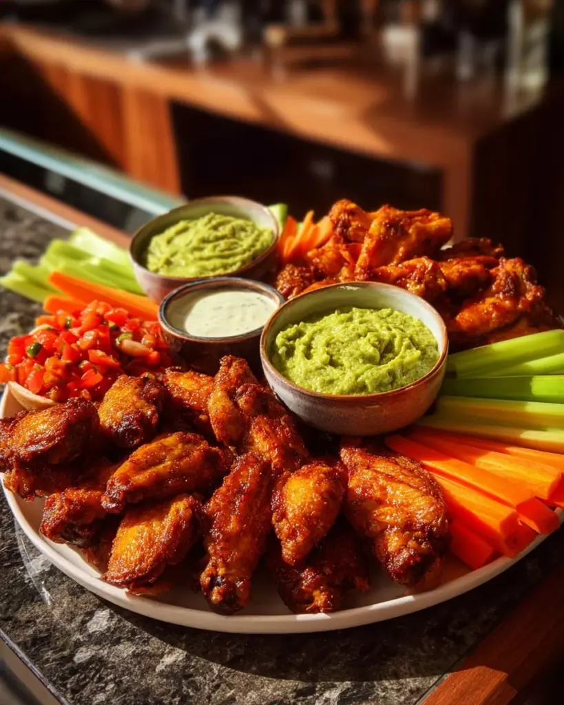 Leckere Hähnchenflügel und Beilagen für eine Super Bowl Party