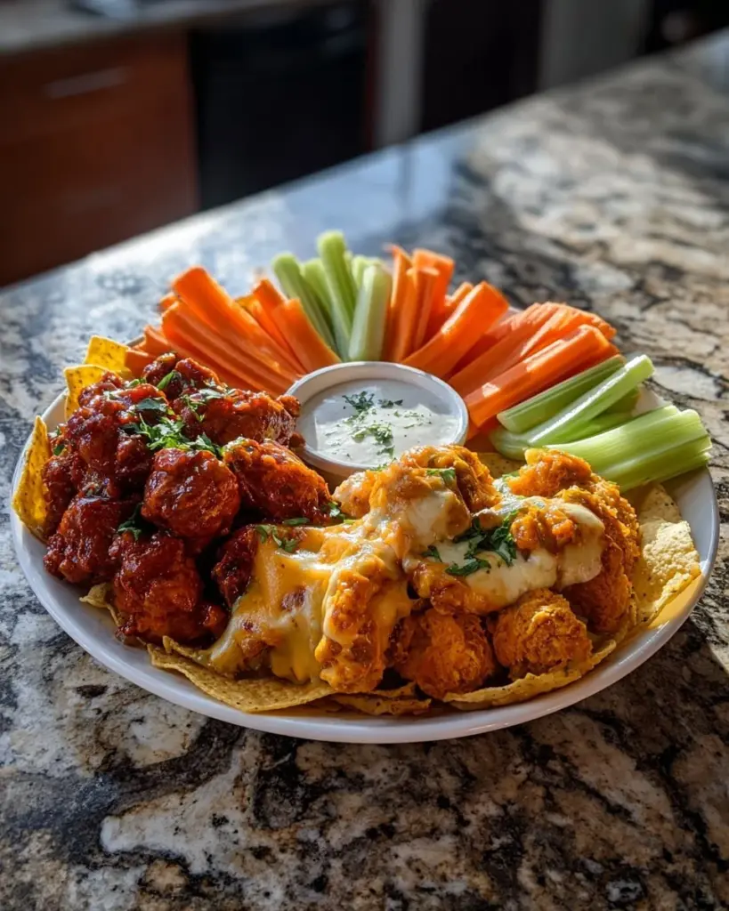 Ultimative Snackplatte für den Spieltag mit verschiedenen leckeren Snacks und Dips