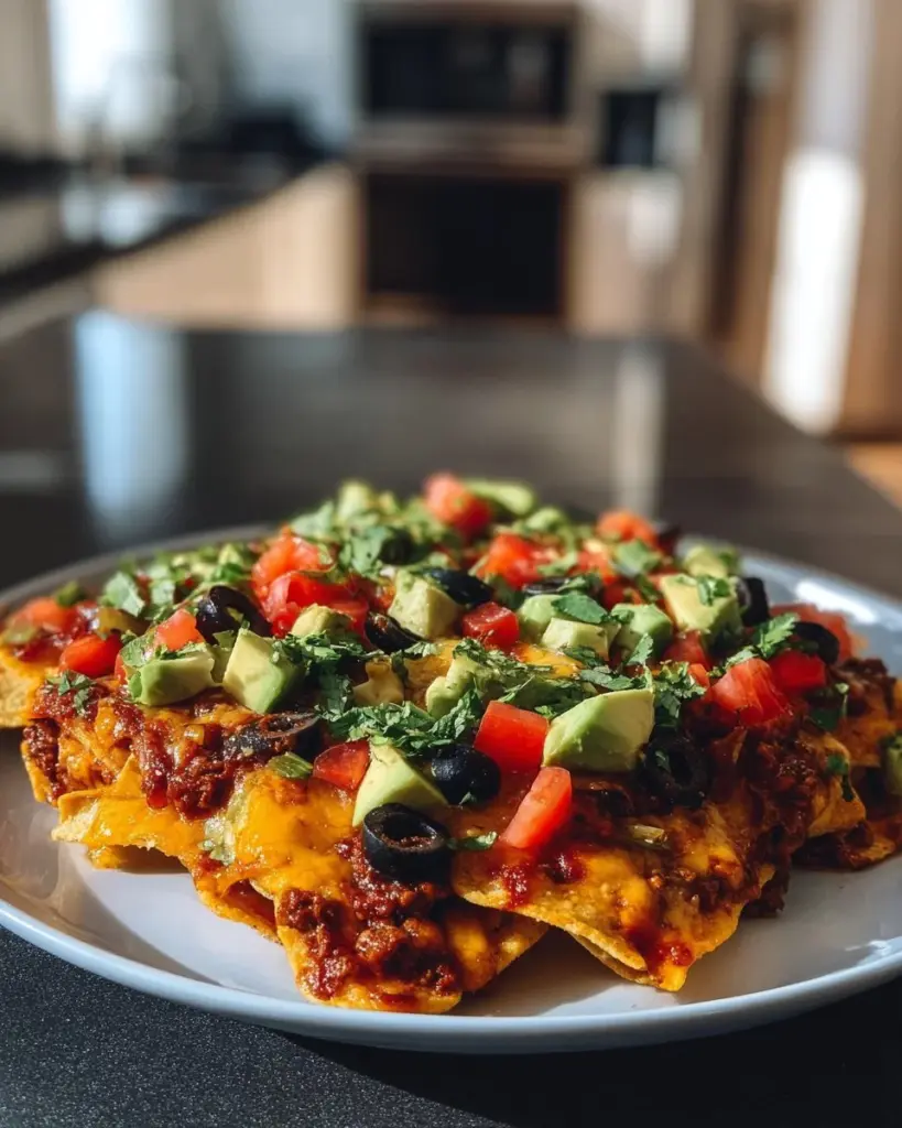 Genießen Sie ein köstliches Loaded Nacho Bake mit Käse und frischen Zutaten.