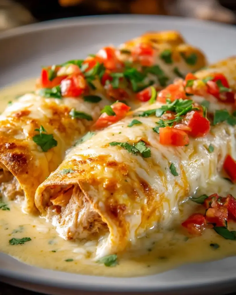 Cremige weiße Hühnchen-Enchiladas auf einem Teller garniert mit frischen Kräutern.