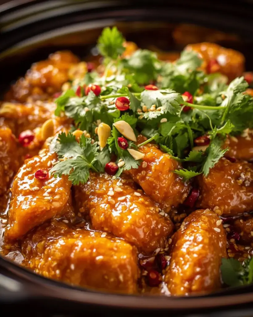 Crockpot Thai Erdnuss-Hühnchen mit Gemüse auf einem Teller serviert