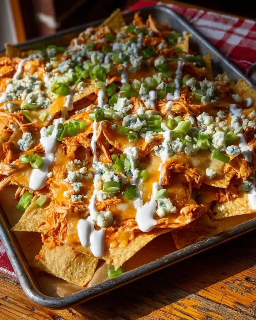 Leckere Buffalo Chicken Nachos mit Käse und Garnierungen