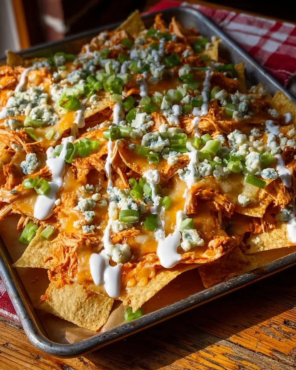 Leckere Buffalo Chicken Nachos mit Käse und Garnierungen