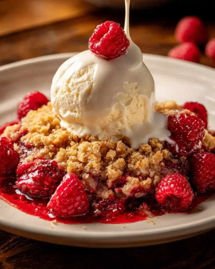 Leckerer Himbeer-Crumble mit frischen Himbeeren und knuspriger Streuselkruste