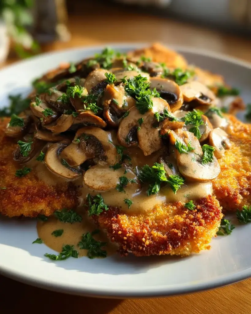 Leckeres Cremeschnitzel mit Pilzen auf einem Teller serviert.