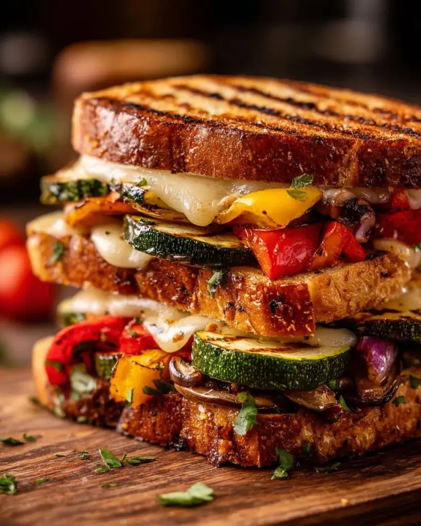Gegrilltes Gemüse-Sandwich mit Mozzarella auf Holzplatte serviert