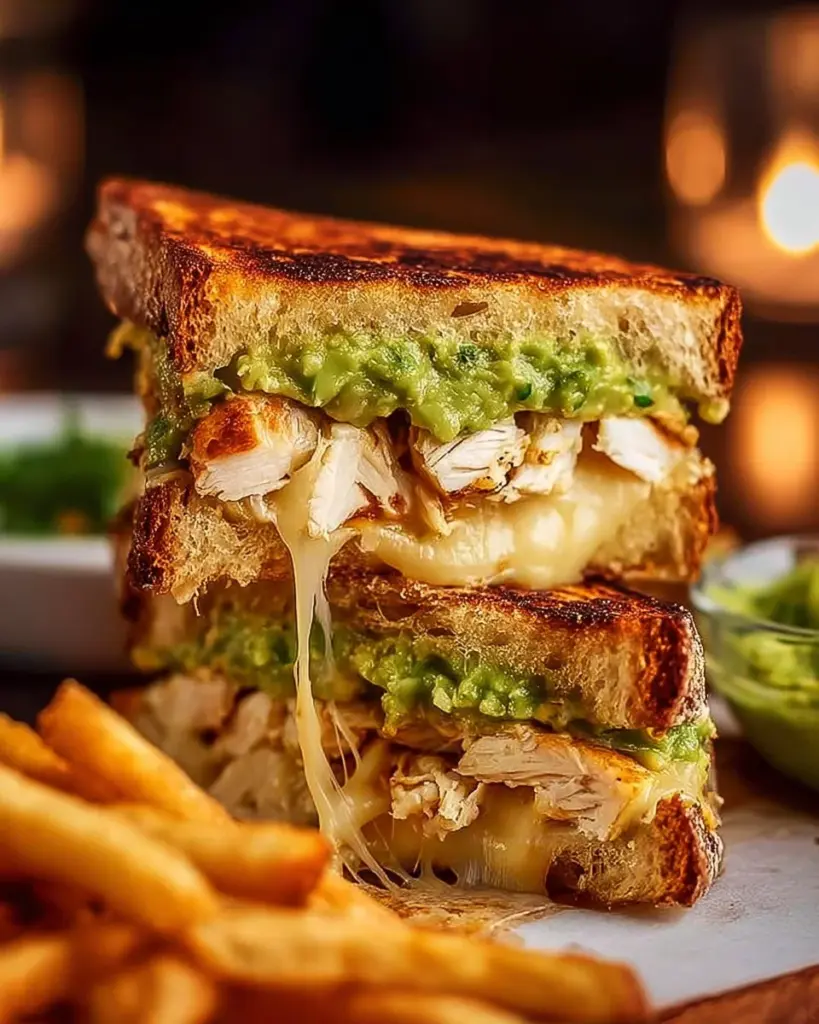 Hühnchen-Avocado-Toast-Sandwich mit frischen Zutaten präsentiert