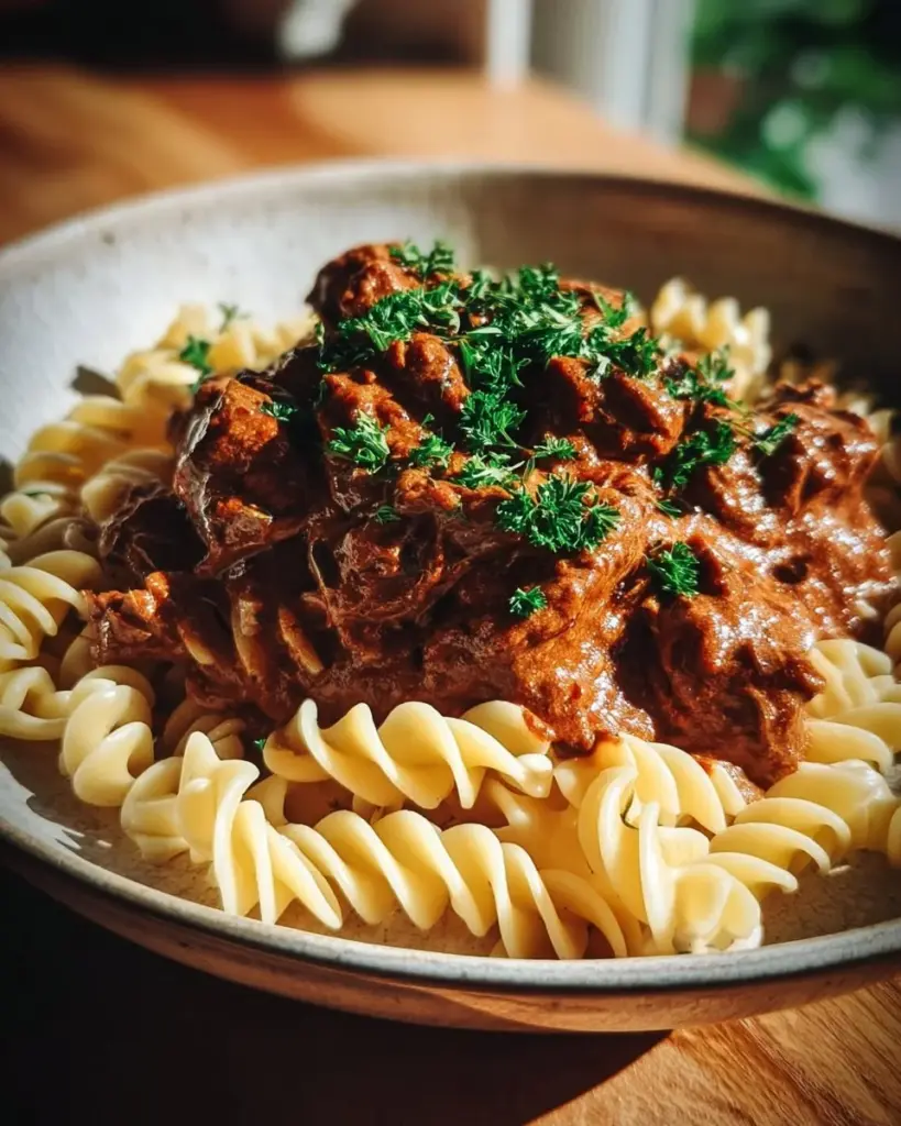 Delikates Kalbs-Stroganoff serviert mit Beilagen auf einem eleganten Teller