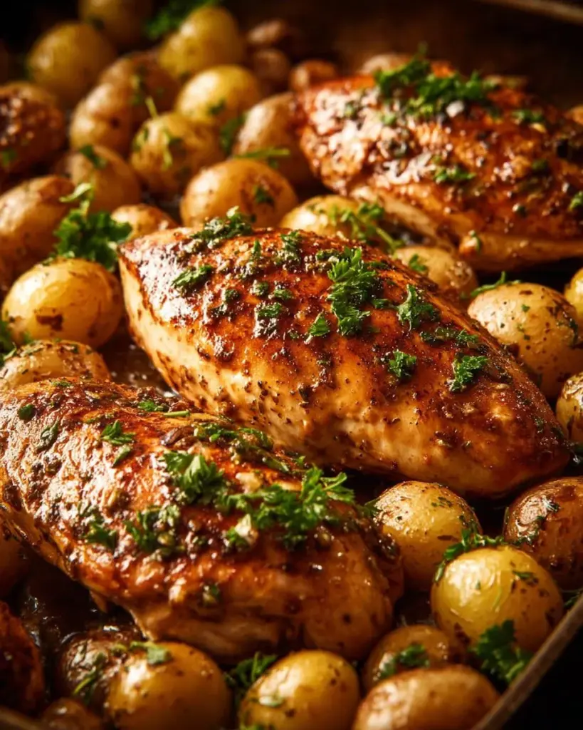 Knoblauch-Kräuter-Hähnchen aus dem Slow Cooker in einem dekorativen Teller serviert