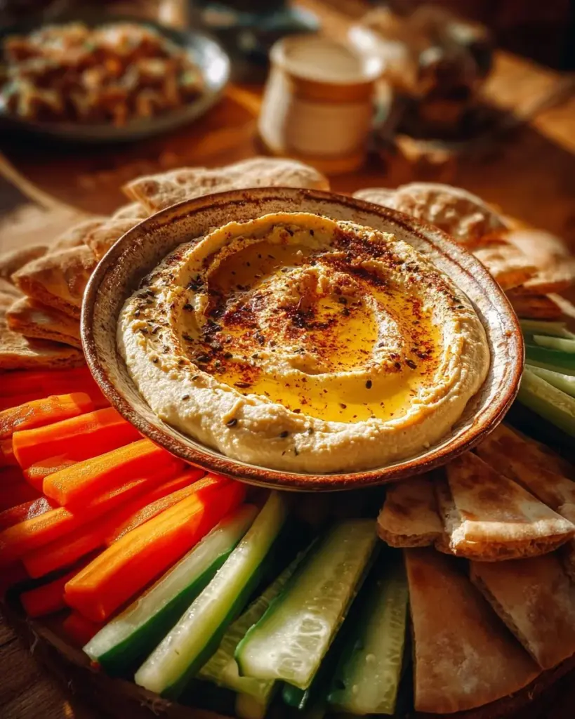 Veganer Hummus serviert mit gewürfeltem Gemüse und Pita-Brot