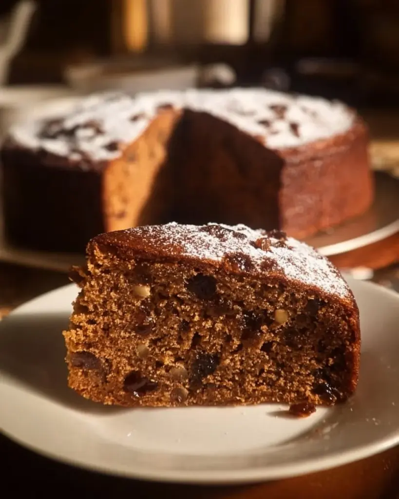 Altmodischer Ingwer-Dattele Kuchen auf einem Teller, dekoriert mit frischen Datteln.