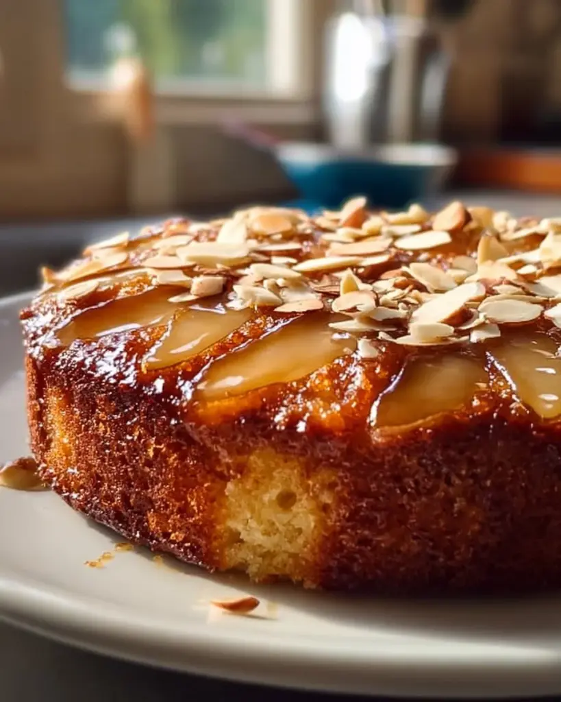 Saftiger Birne Ahorn Mandelkuchen auf einem Teller, dekoriert mit Nüssen.
