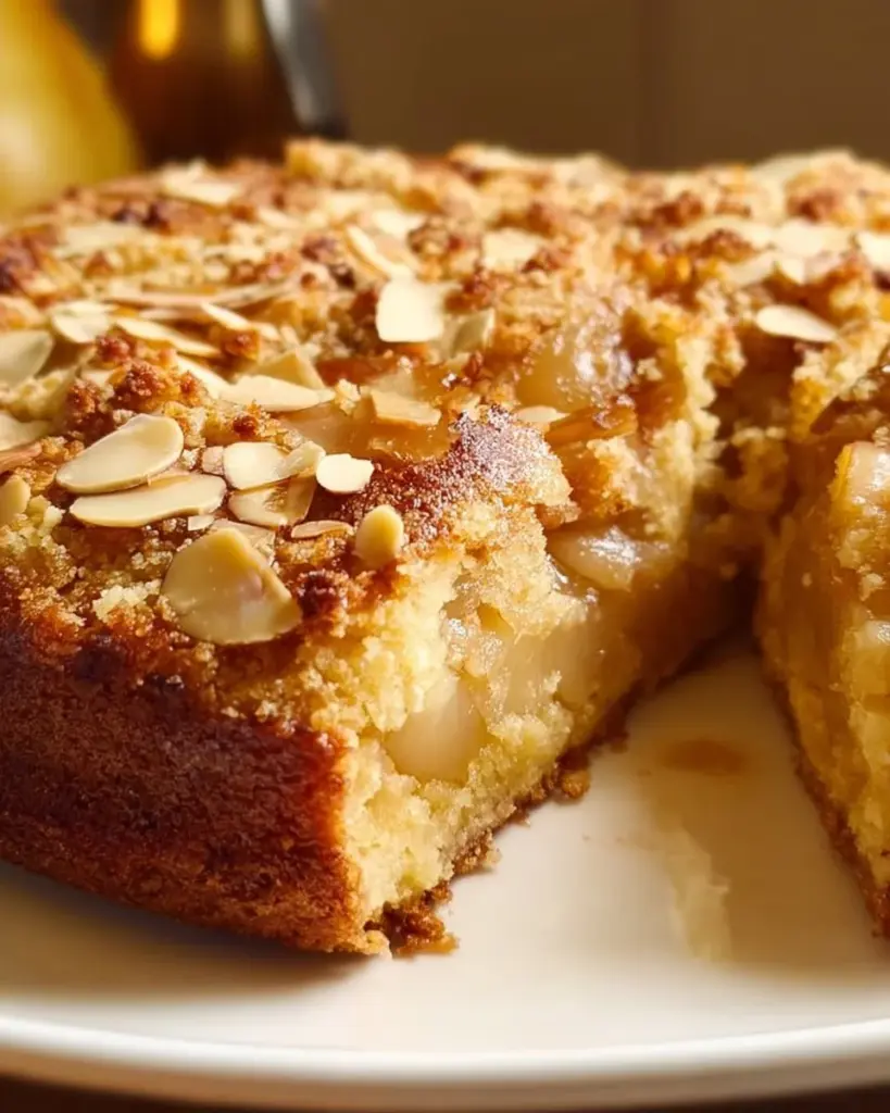 Birnen-Almond-Krümelkuchen mit Mandeln und saftigen Birnen