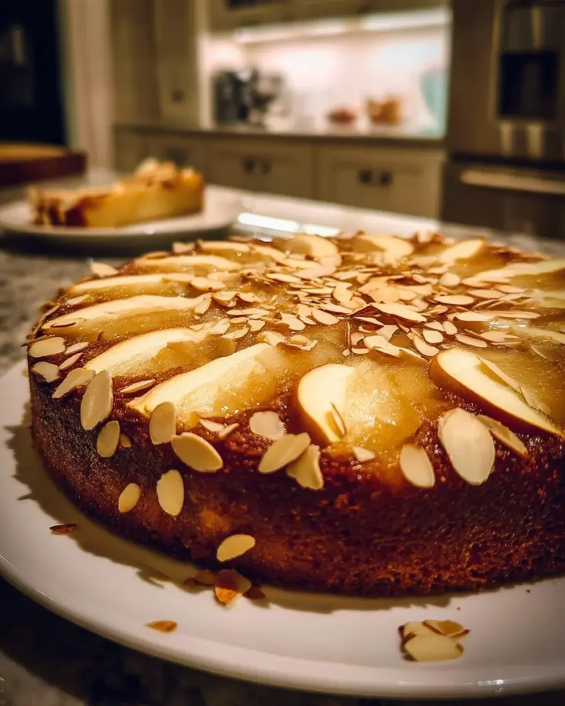 Saftiger Birnen-Brauner-Zucker-Mandelkuchen frisch aus dem Ofen