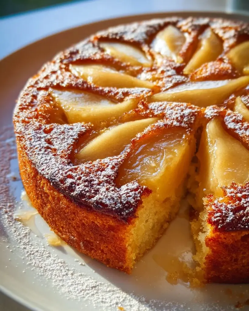 Leckerer Birnen-Frangipane-Kuchen auf einem Tisch serviert.