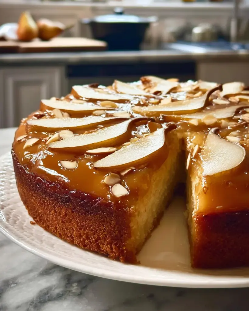 Birnen-Ingwer-Mandelkuchen mit frischen Birnen und Gewürzen