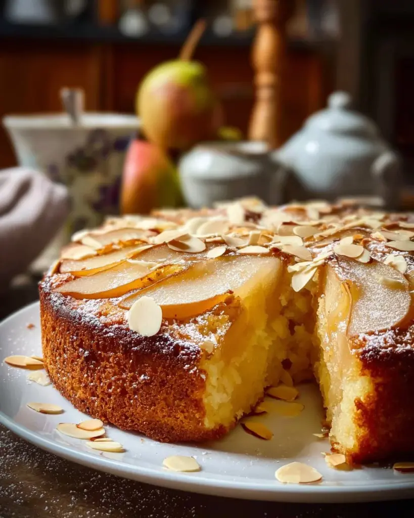 Birnen-Vanille-Mandelkuchen mit Dekoration in einer Backform
