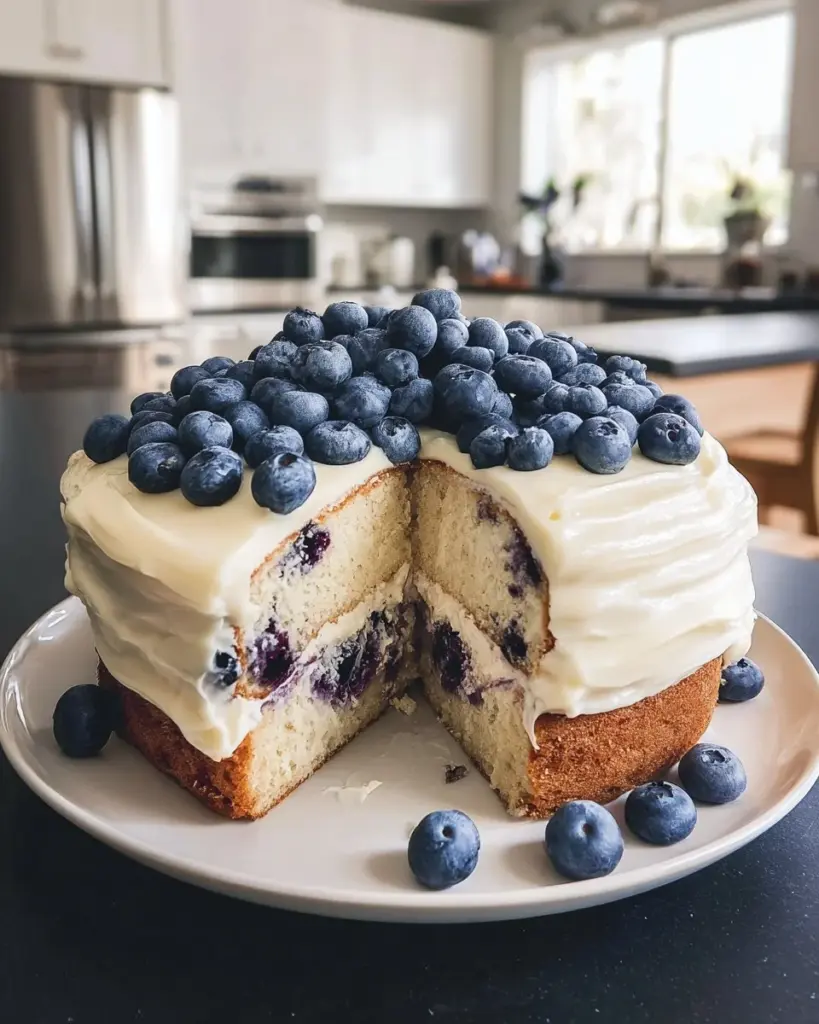 Leckereien von einem Blaubeer-Sommerfeierkuchen mit frischen Blaubeeren und Dekoration.